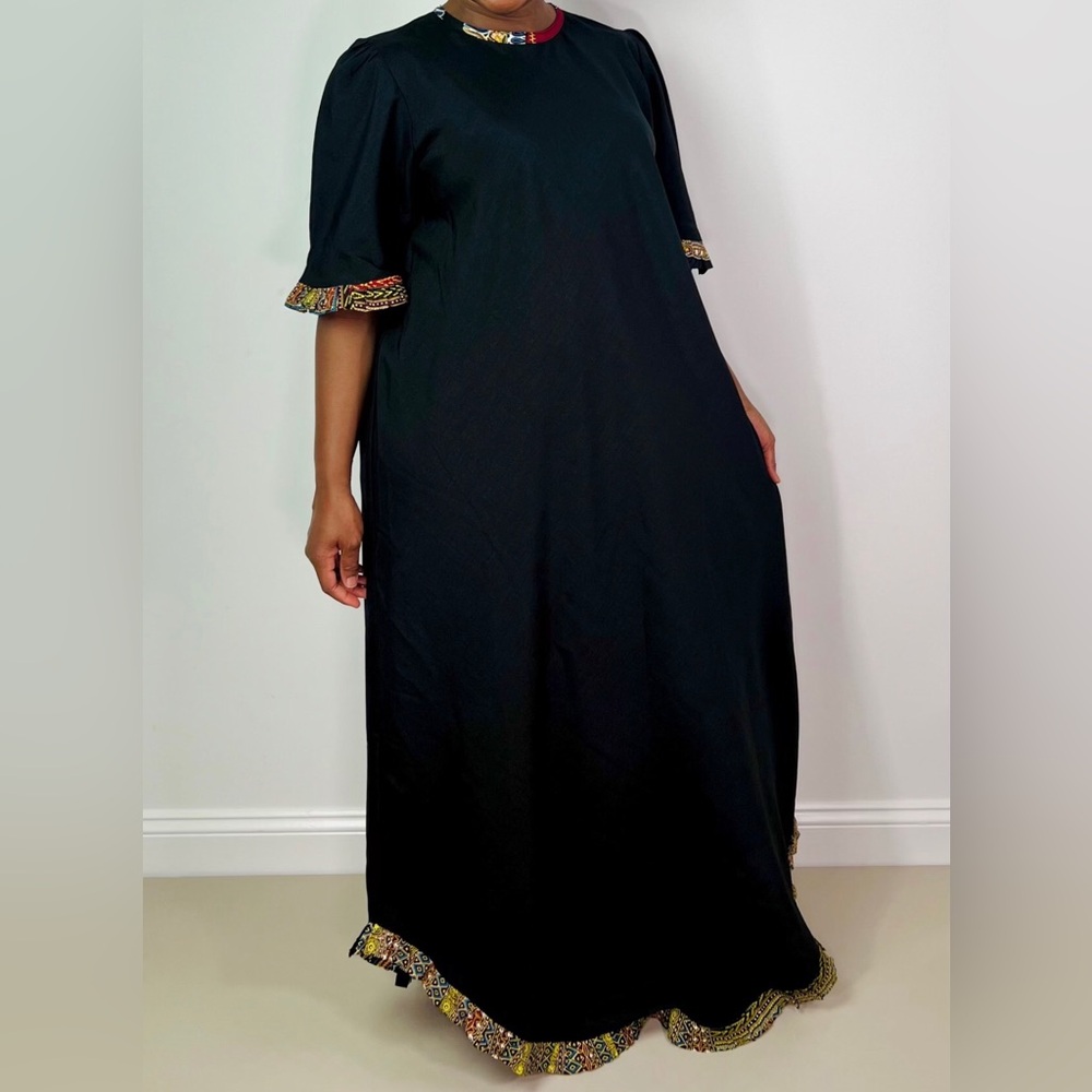 Black Dashiki Detail Maxi Ruffle Sleeve Dress